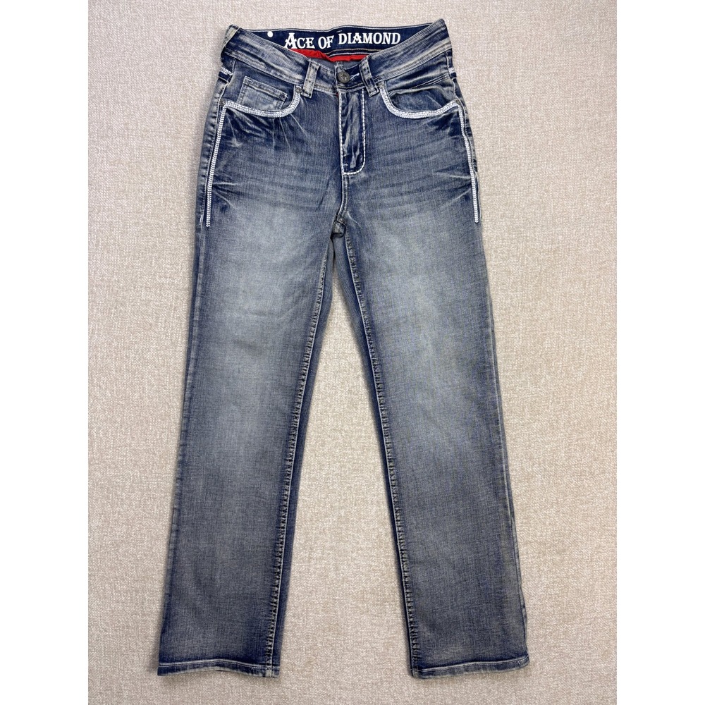 Ace of Diamond Mens Embroidered Straight Leg Jeans Blue Faded 30x30 Style 1320